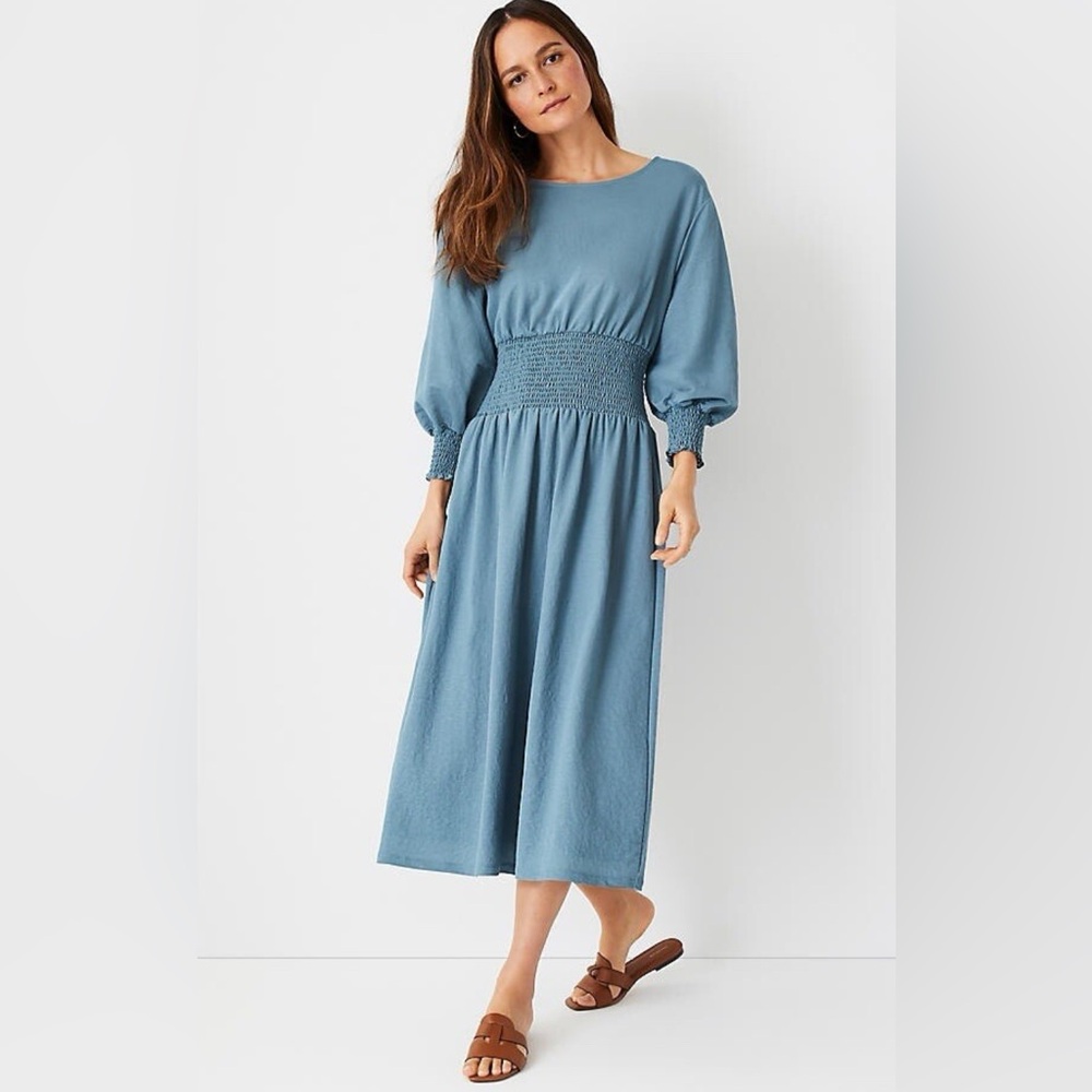Ann Taylor Blue Smocked Waist Midi Dress